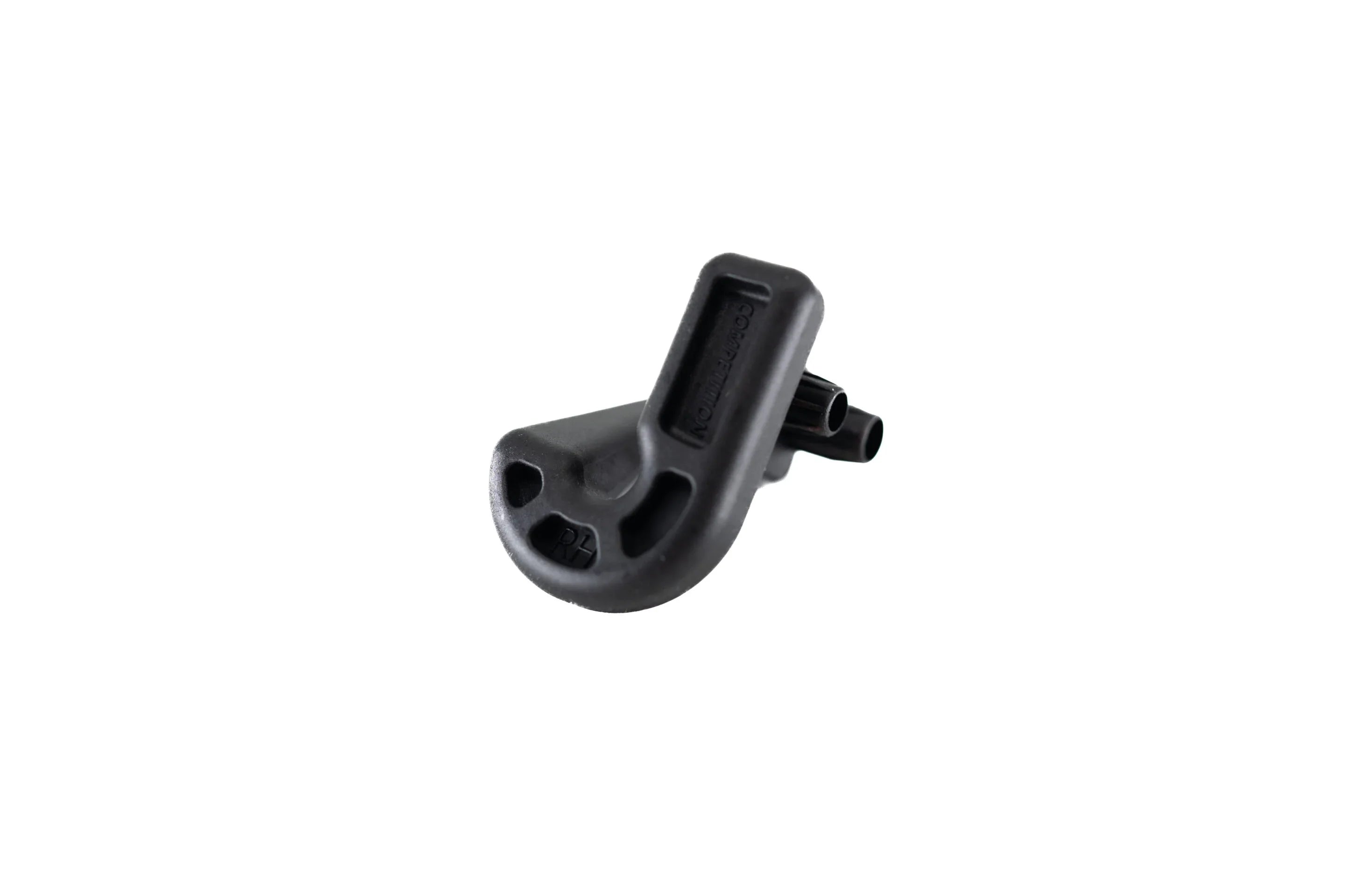 Black plastic automotive or mechanical connector part on white background