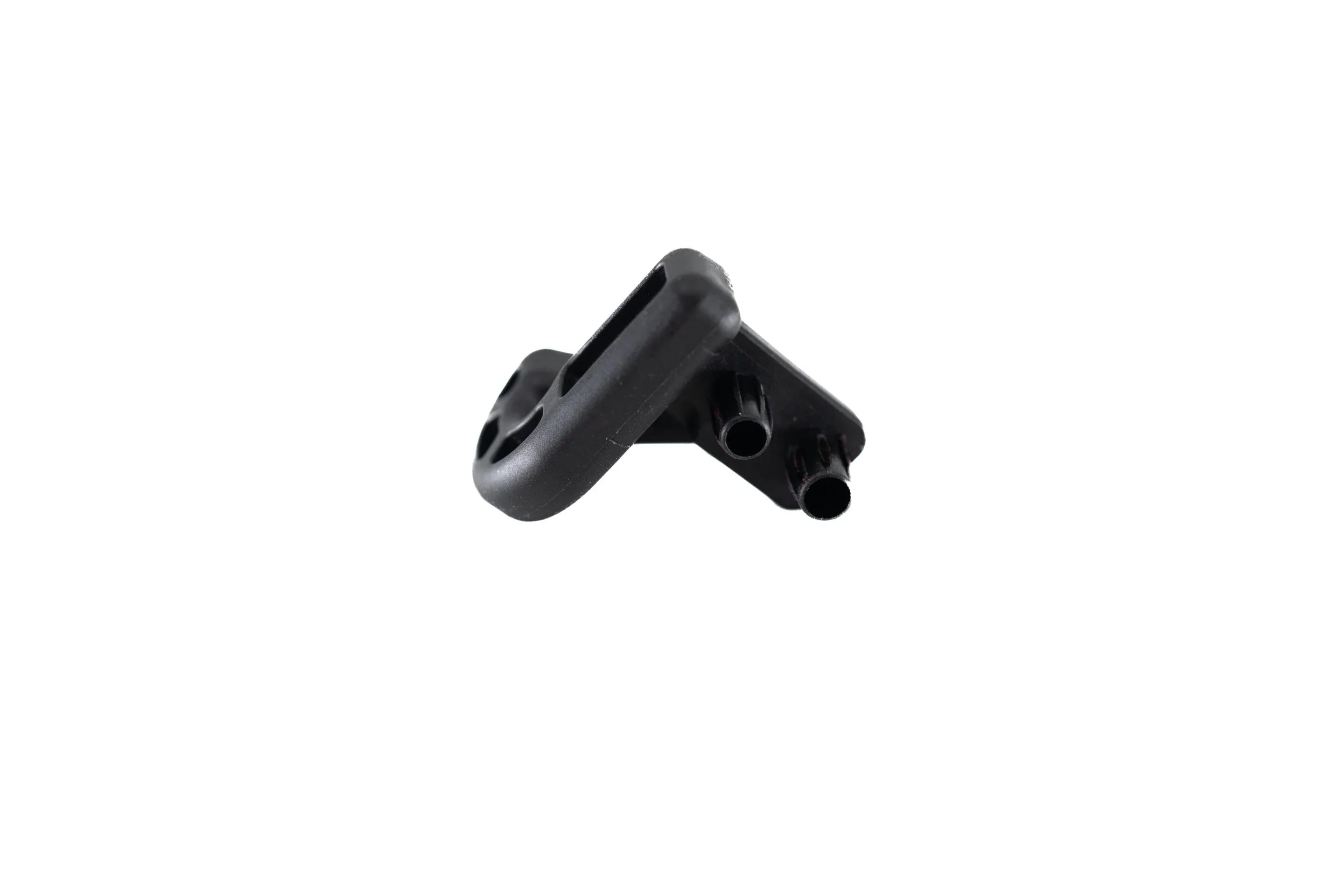 Black plastic automotive bracket with two cylindrical mounts on a white background