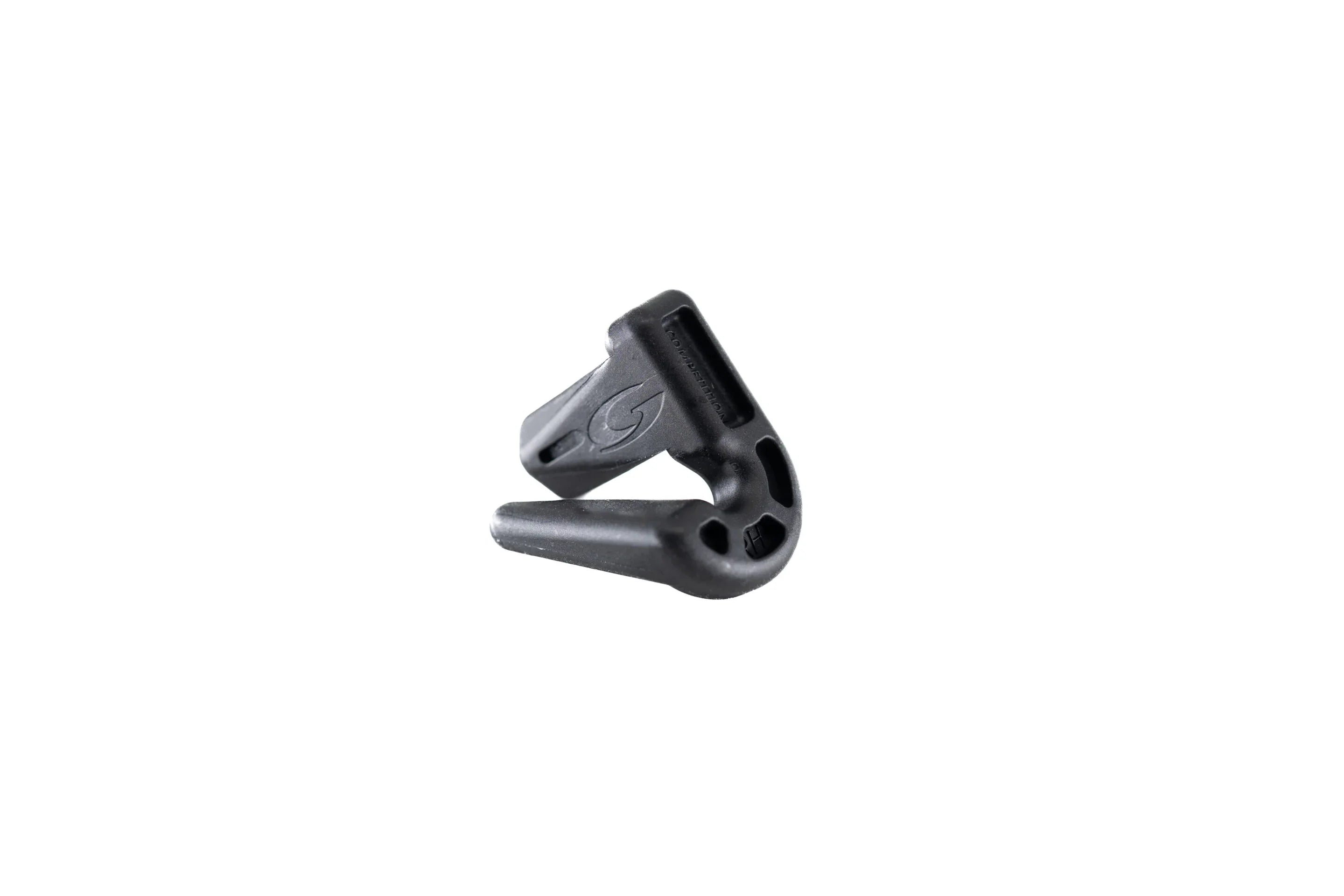 Black plastic bike accessory part on white background, ergonomic design, close-up