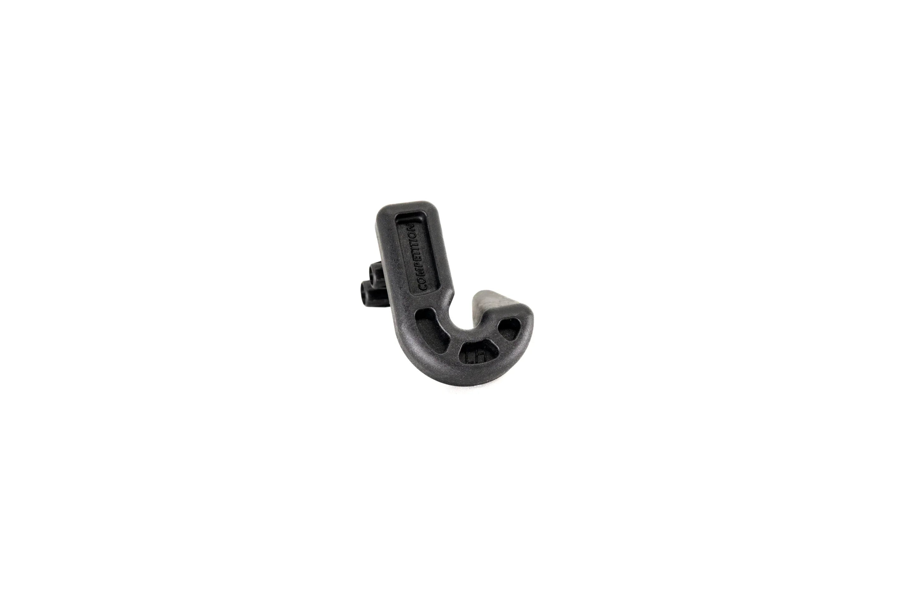 Black plastic hook-shaped competition accessory on white background