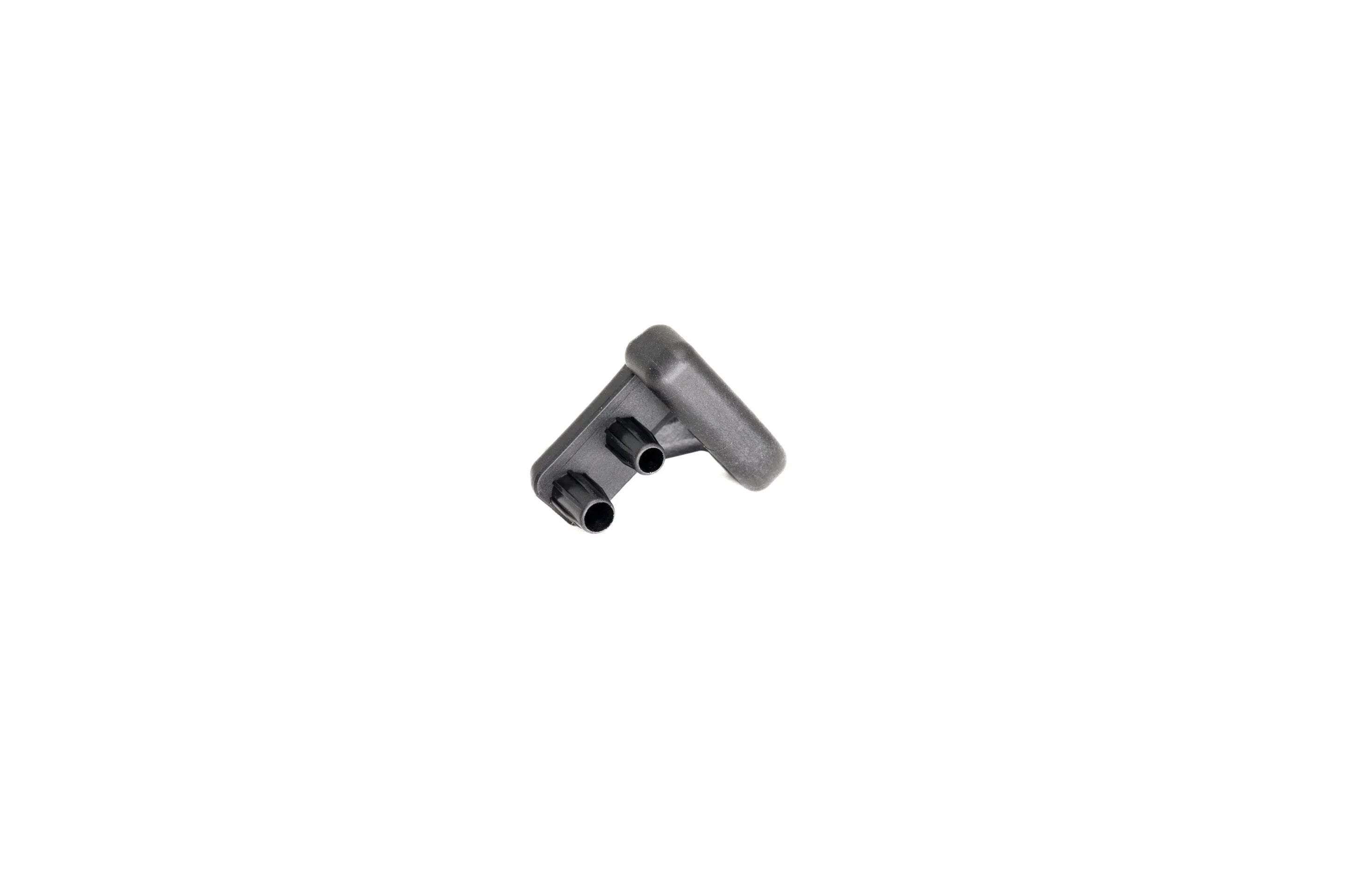 Black plastic angled hose connector on white background, replacement car part