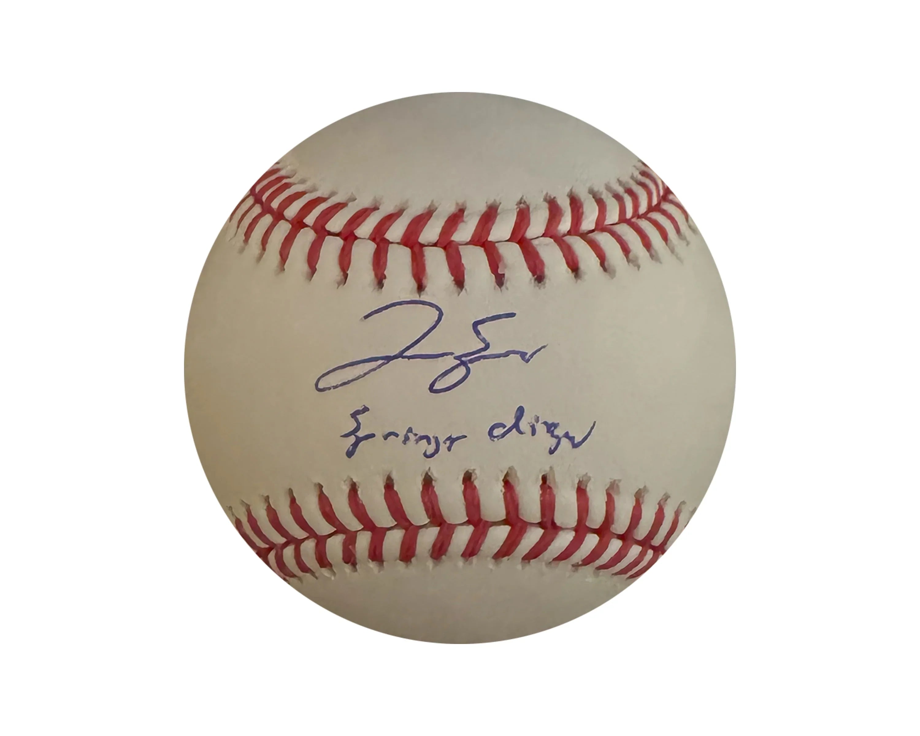 Autographed baseball with red stitching and blue ink signature on white background
