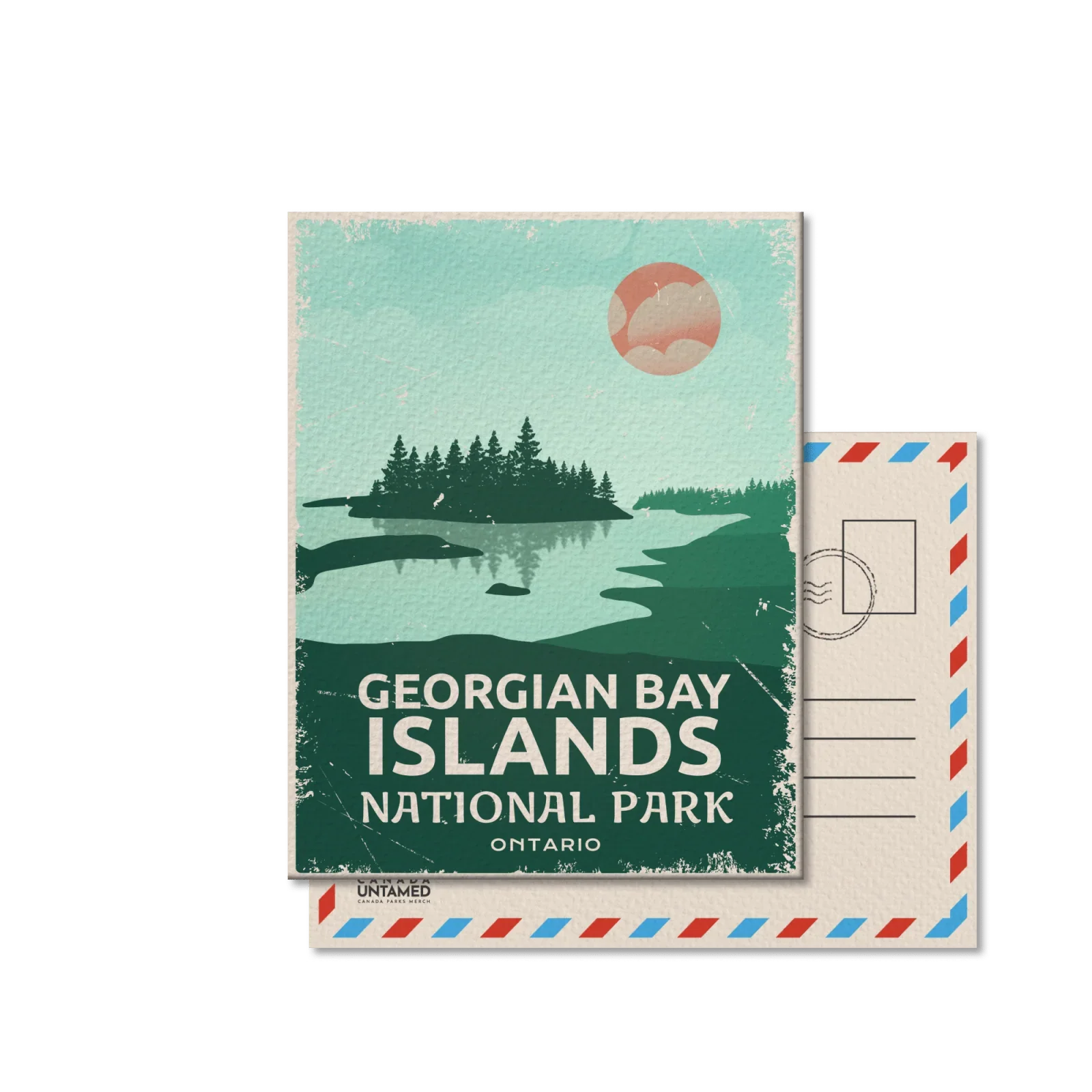 Georgian Bay Islands National Park Ontario vintage postcard with trees, water, and sunset illustration