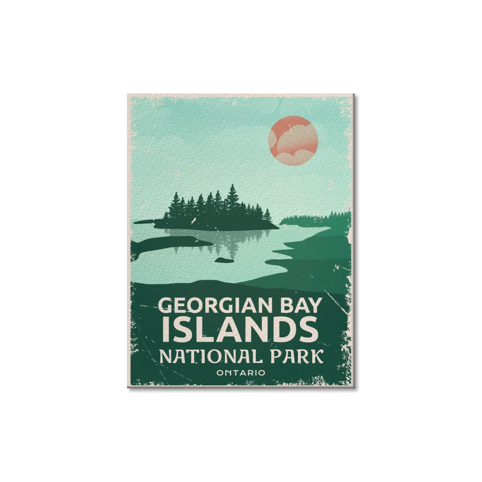 Georgian Bay Islands National Park Ontario postcard with lake, pine trees, and sunset illustration