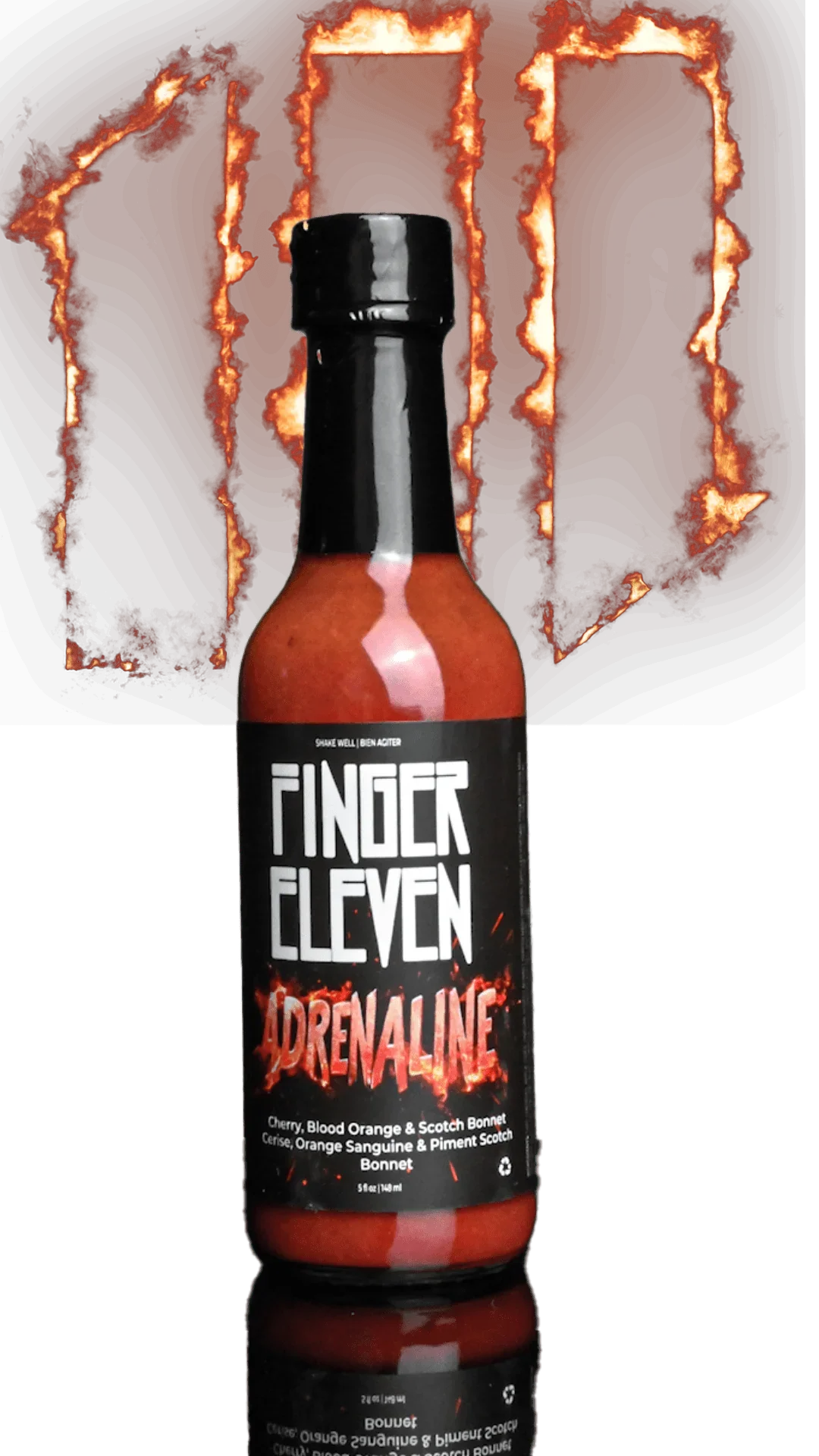 Finger Eleven Adrenaline hot sauce bottle with fiery logo background