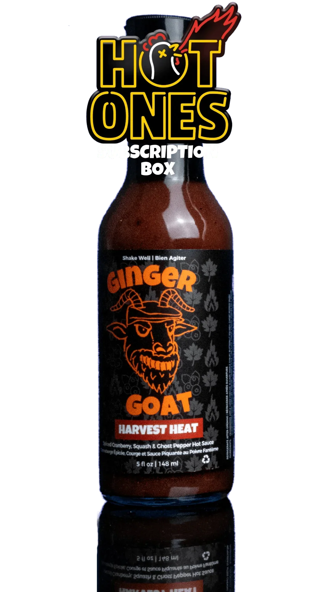Ginger Goat Harvest Heat Canadian hot sauce bottle with Hot Ones Subscription Box logo