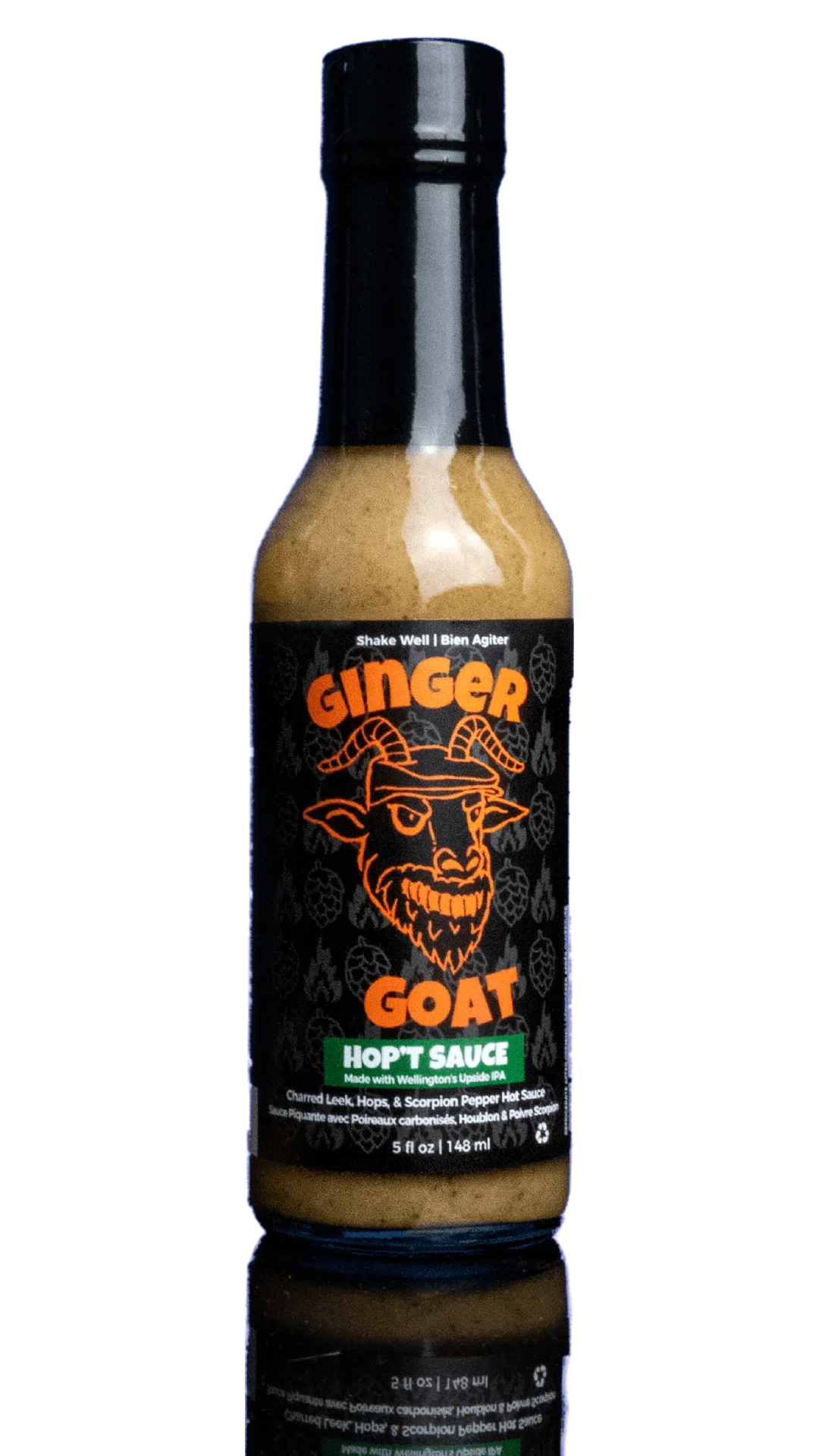Ginger Goat Hop't Sauce IPA citrus scorpion pepper Canadian hot sauce bottle on black