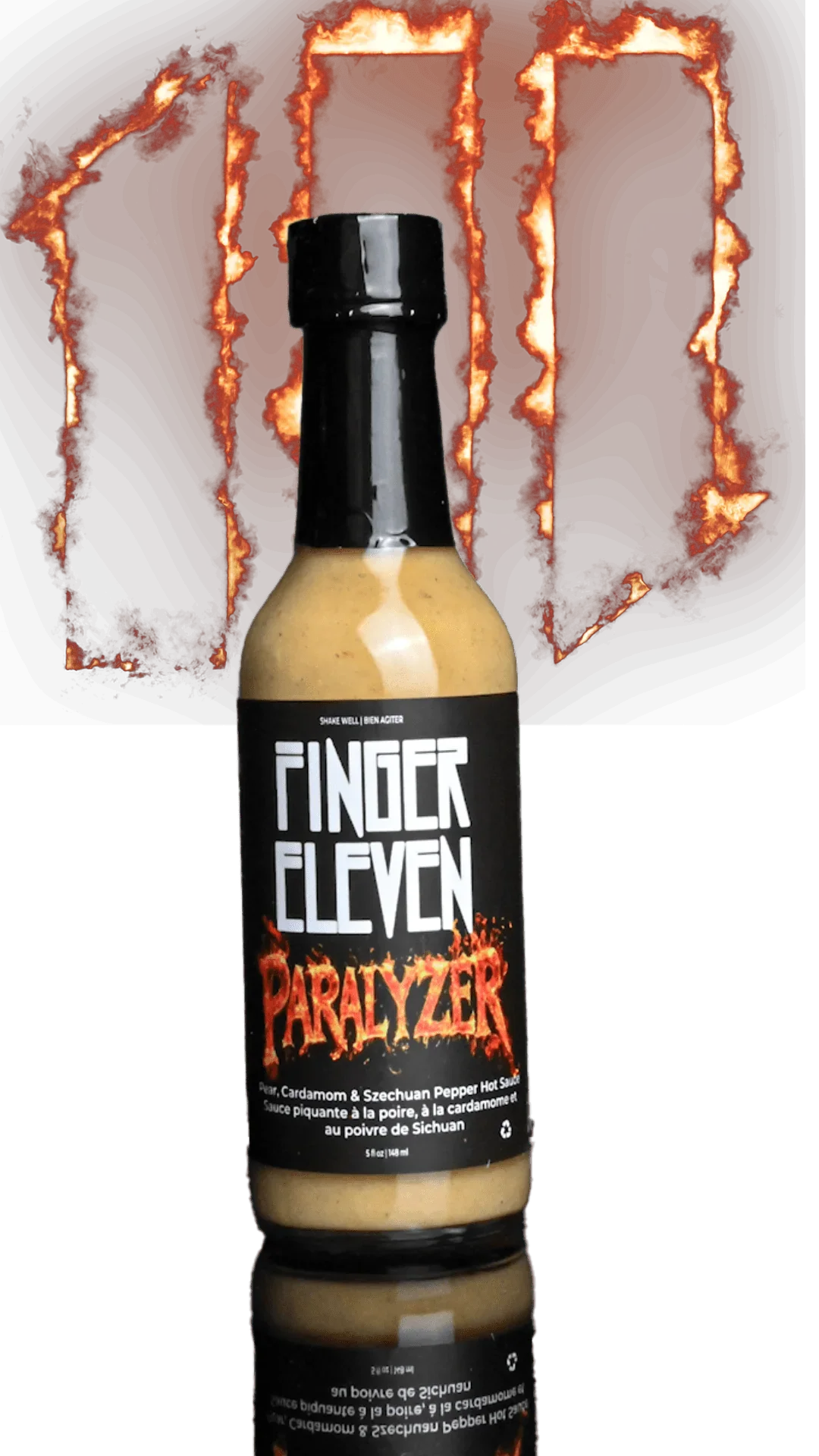 Finger Eleven Paralyzer hot sauce bottle with fiery text and dark background
