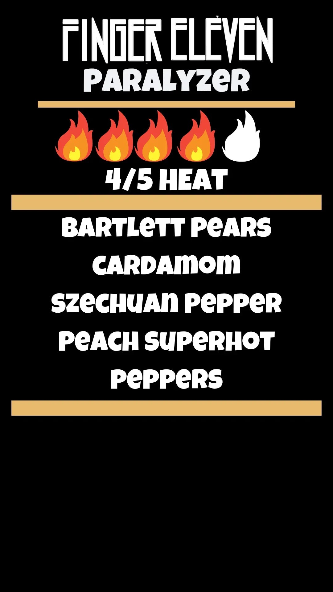 Finger Eleven Paralyzer hot sauce label, 4/5 heat, Bartlett pears, cardamom, Szechuan pepper