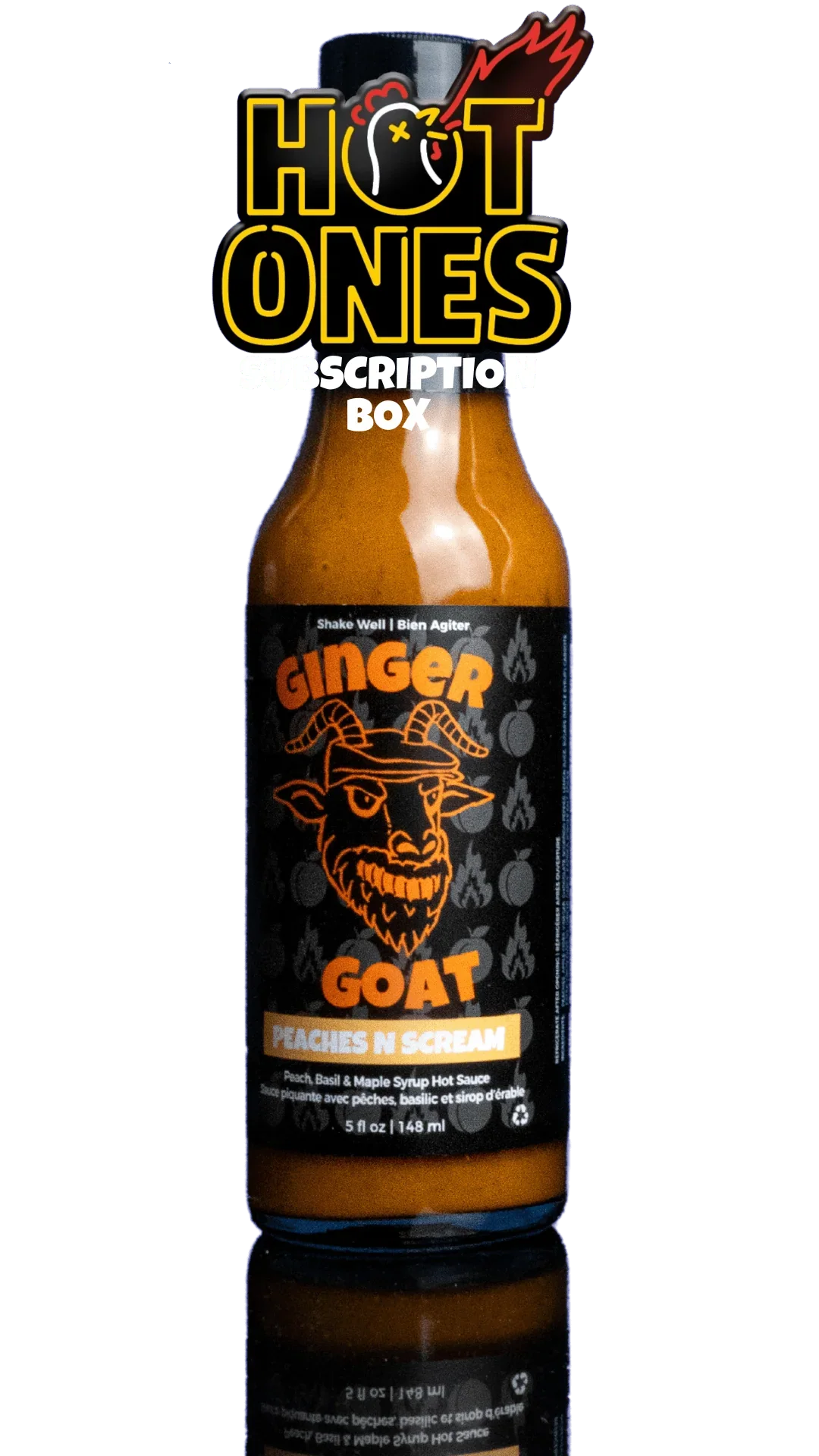Ginger Goat Peaches N Scream Canadian hot sauce bottle with Hot Ones Subscription Box logo