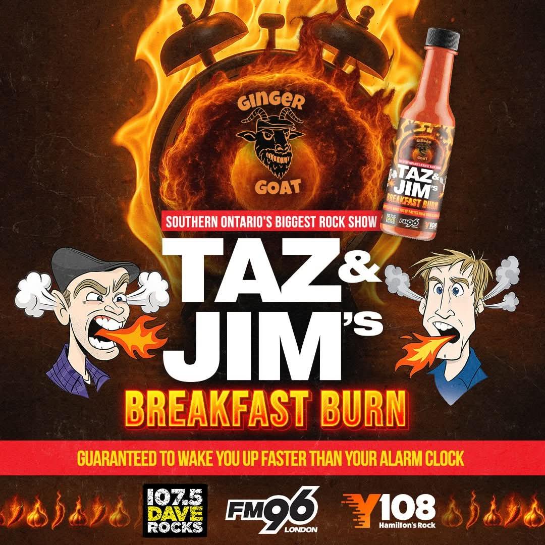 Taz & Jim's Breakfast Burn hot sauce ad with cartoon men breathing fire, alarm clock, and logos.