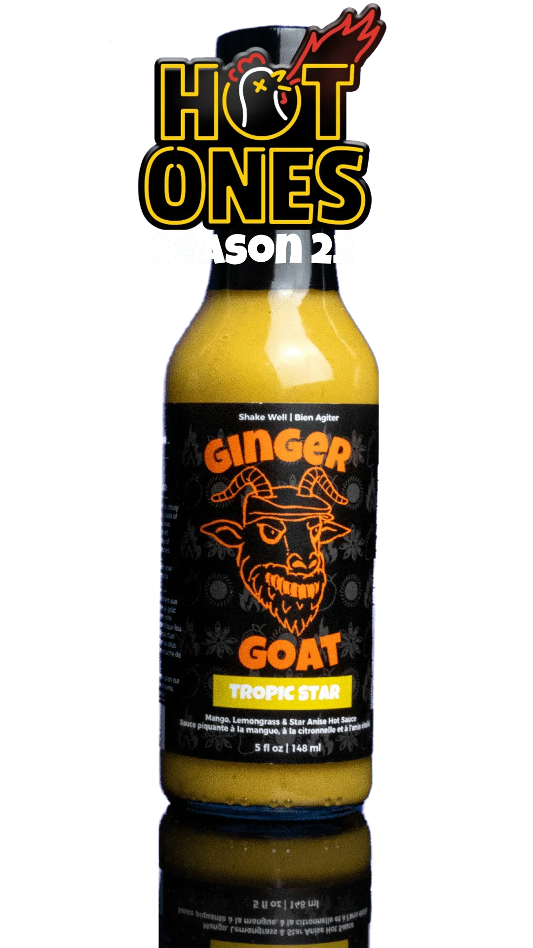 Ginger Goat Tropic Star mango peach hot sauce bottle, Hot Ones Season 22 label