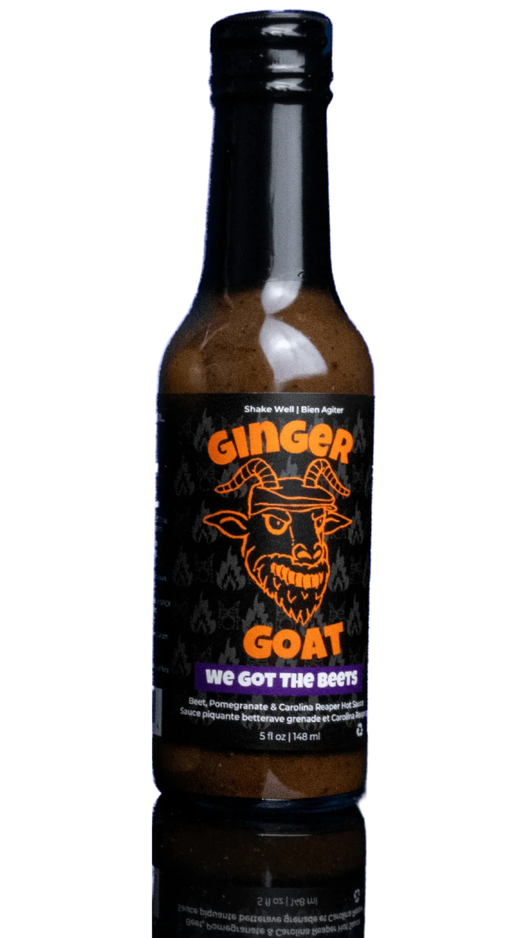 Ginger Goat We Got The Beets hot sauce bottle with beet and pomegranate label