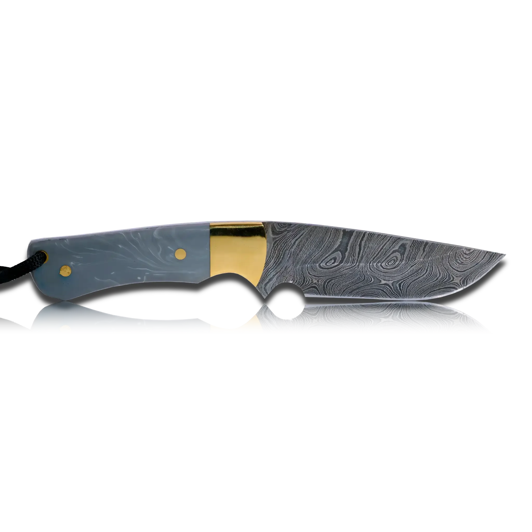 Damascus steel chef knife with patterned blade, gold bolster, and gray handle on black background