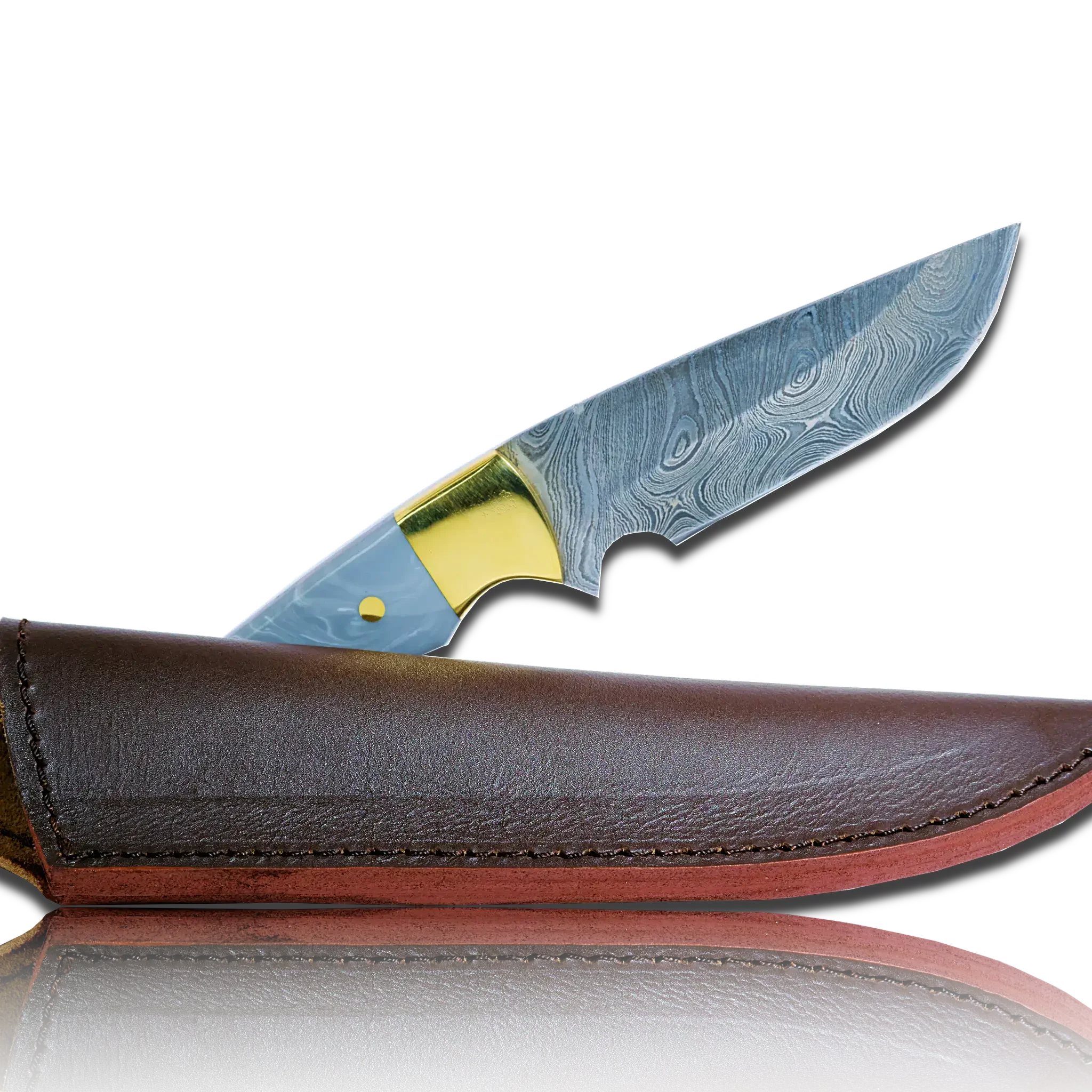 Damascus steel knife with patterned blade and blue handle, displayed with brown leather sheath