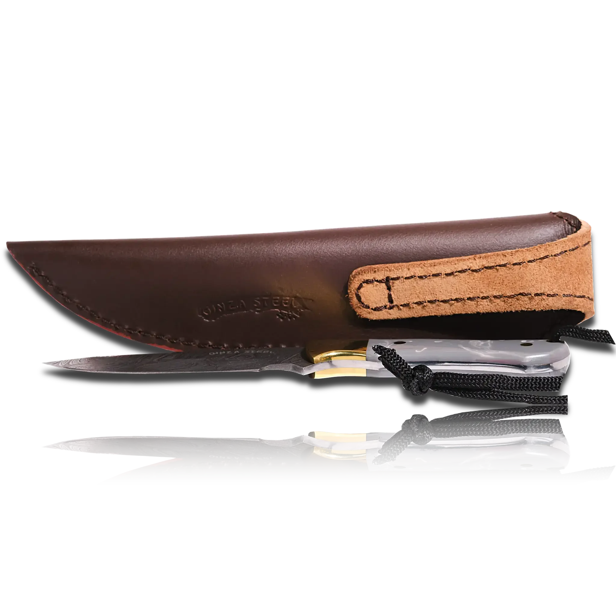 Prestige Kaito II fixed blade knife with grey handle and leather sheath on black background