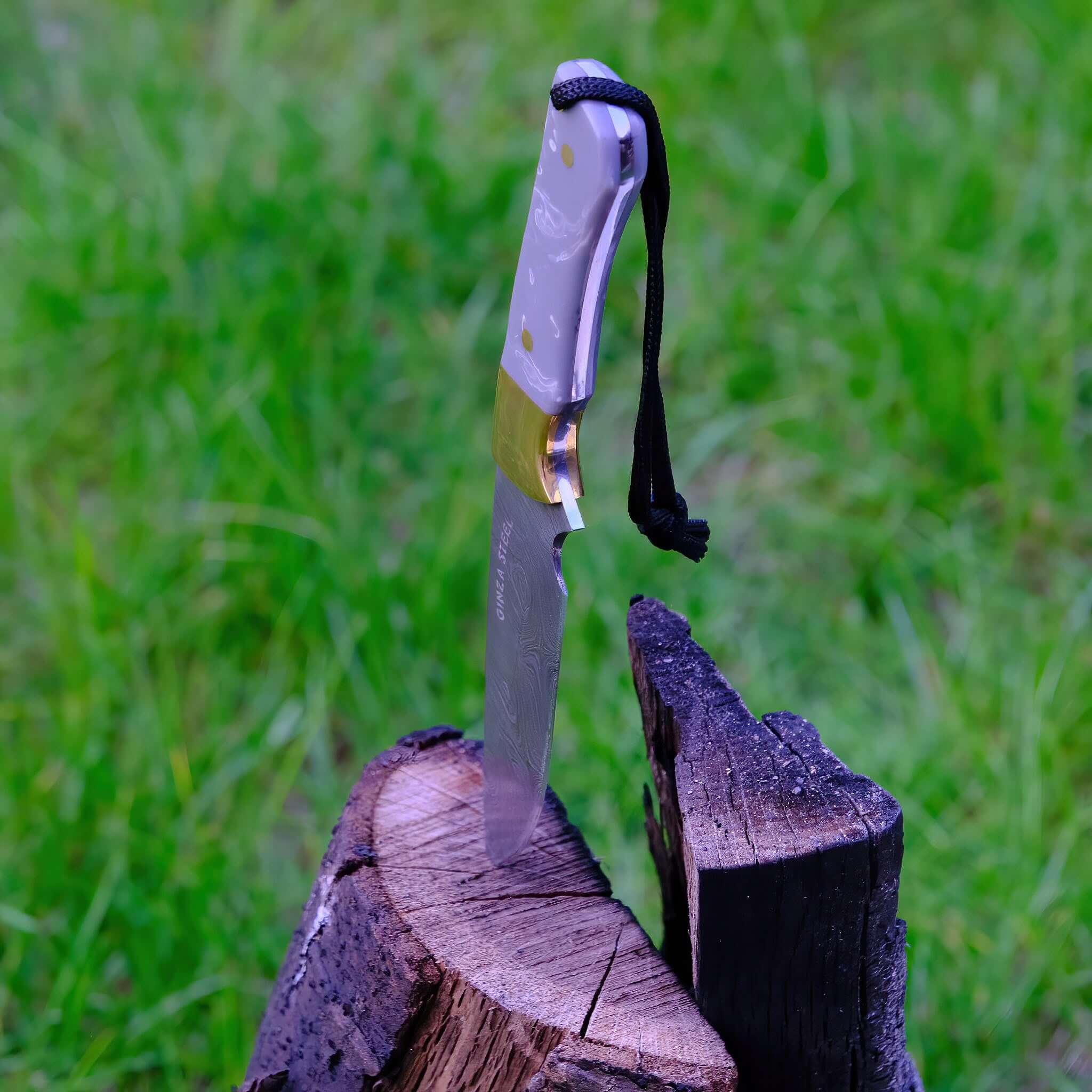 Outdoor knife with lanyard stuck in chopped wood on green grass background