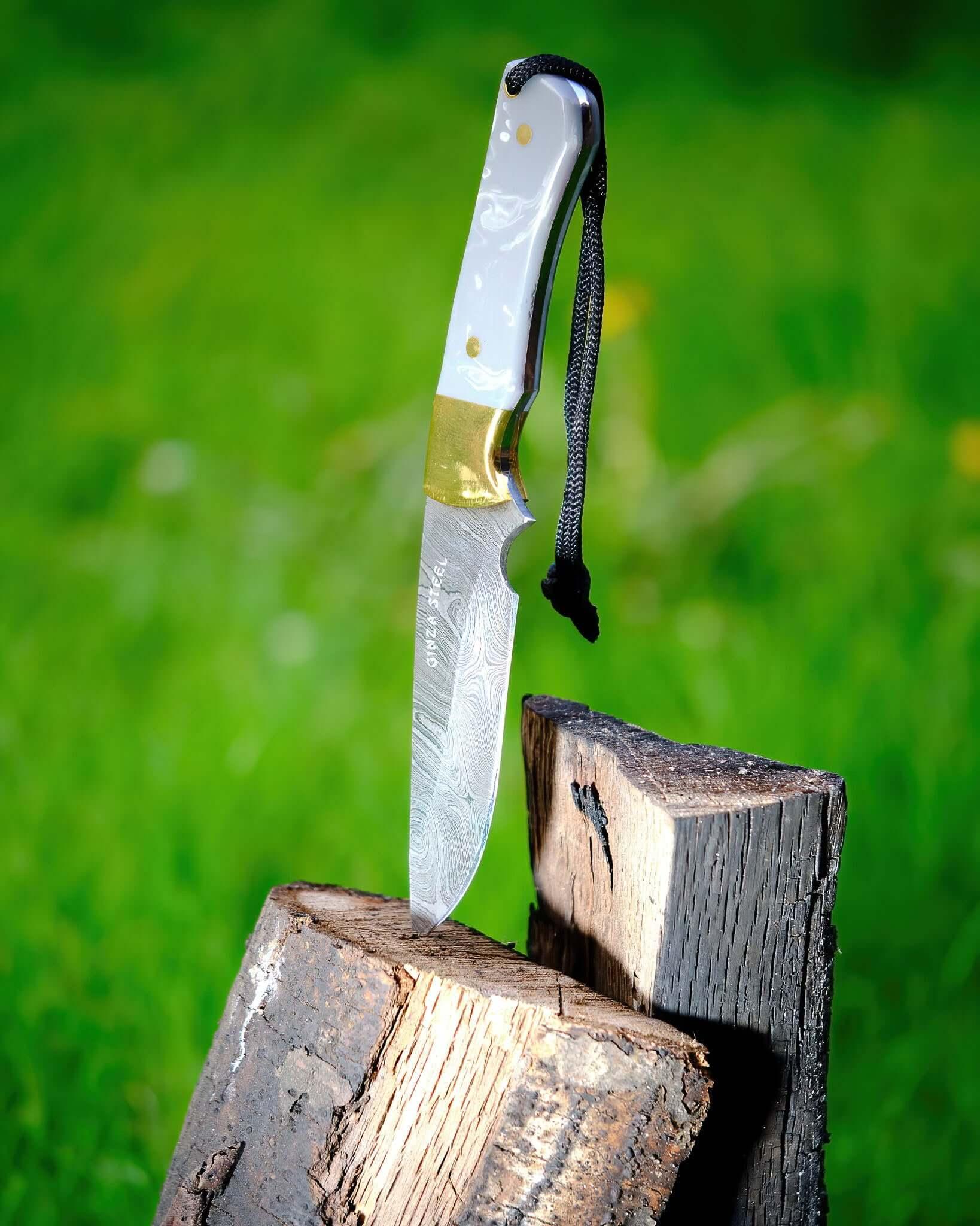 Damascus steel knife with white handle stuck in wood outdoors on green grass background