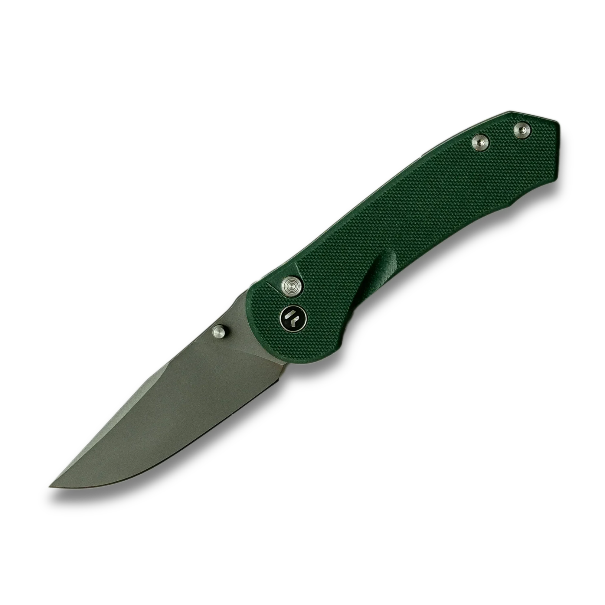 Green folding pocket knife with textured handle on black background