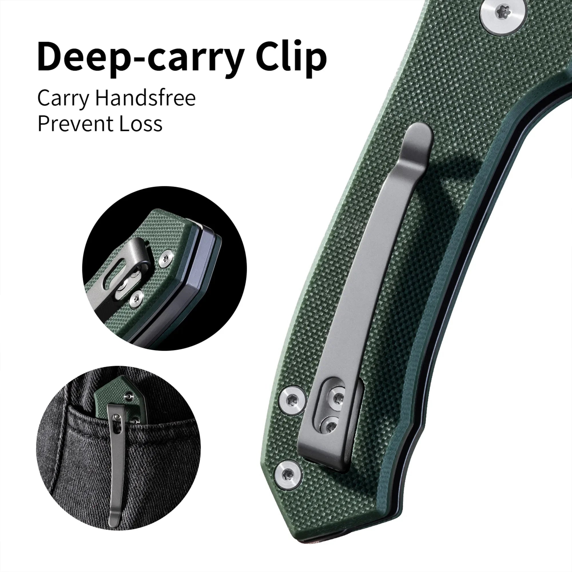 Green pocket knife with deep-carry clip attached to jeans, textured handle detail.