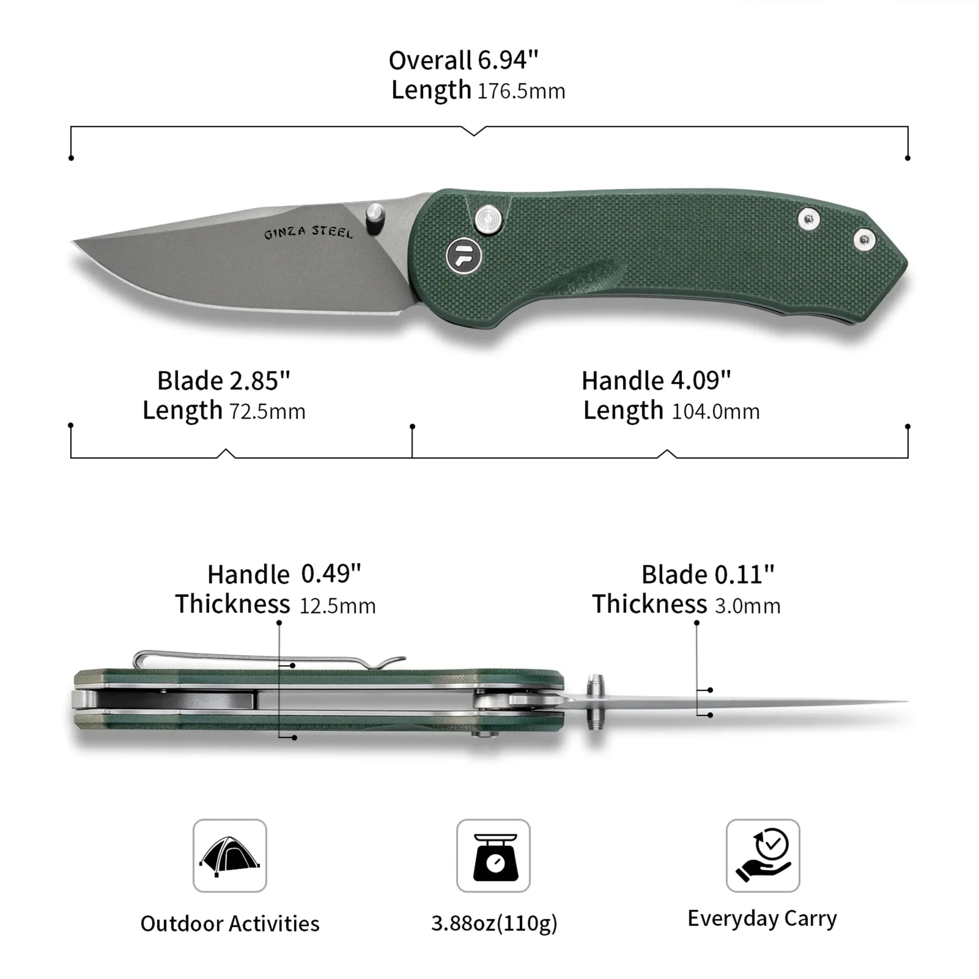 Green folding knife with blade and handle specs, suitable for outdoor activities and everyday carry.