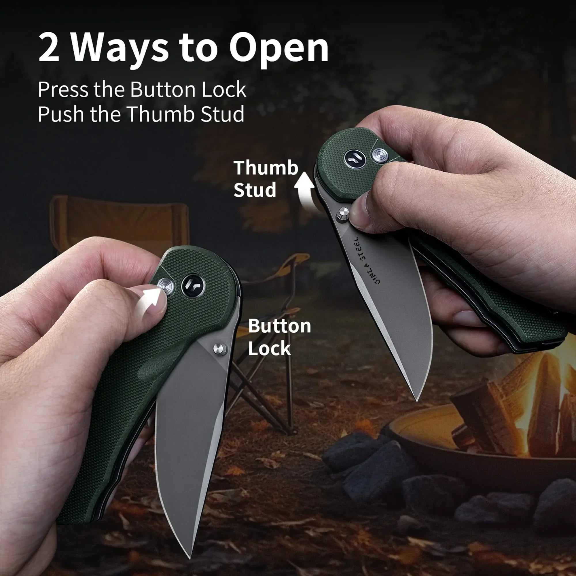 Two hands show opening a green folding camping knife with button lock and thumb stud features near a campfire.