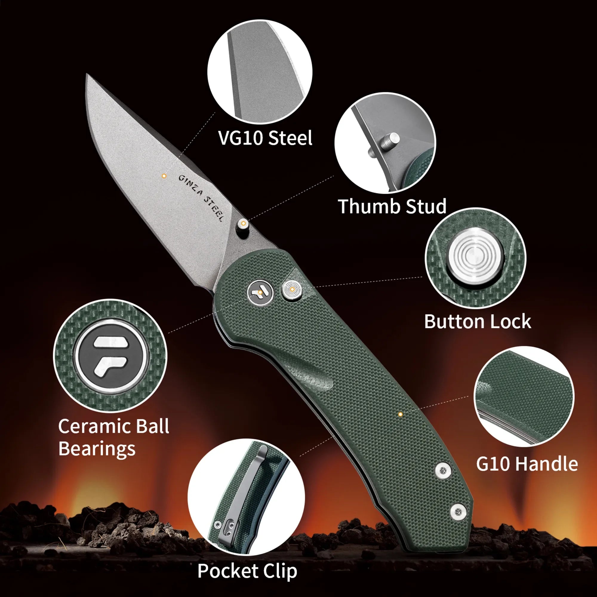 Green EDC folding knife with VG10 steel blade, G10 handle, button lock, ceramic ball bearings, pocket clip, and labeled features.