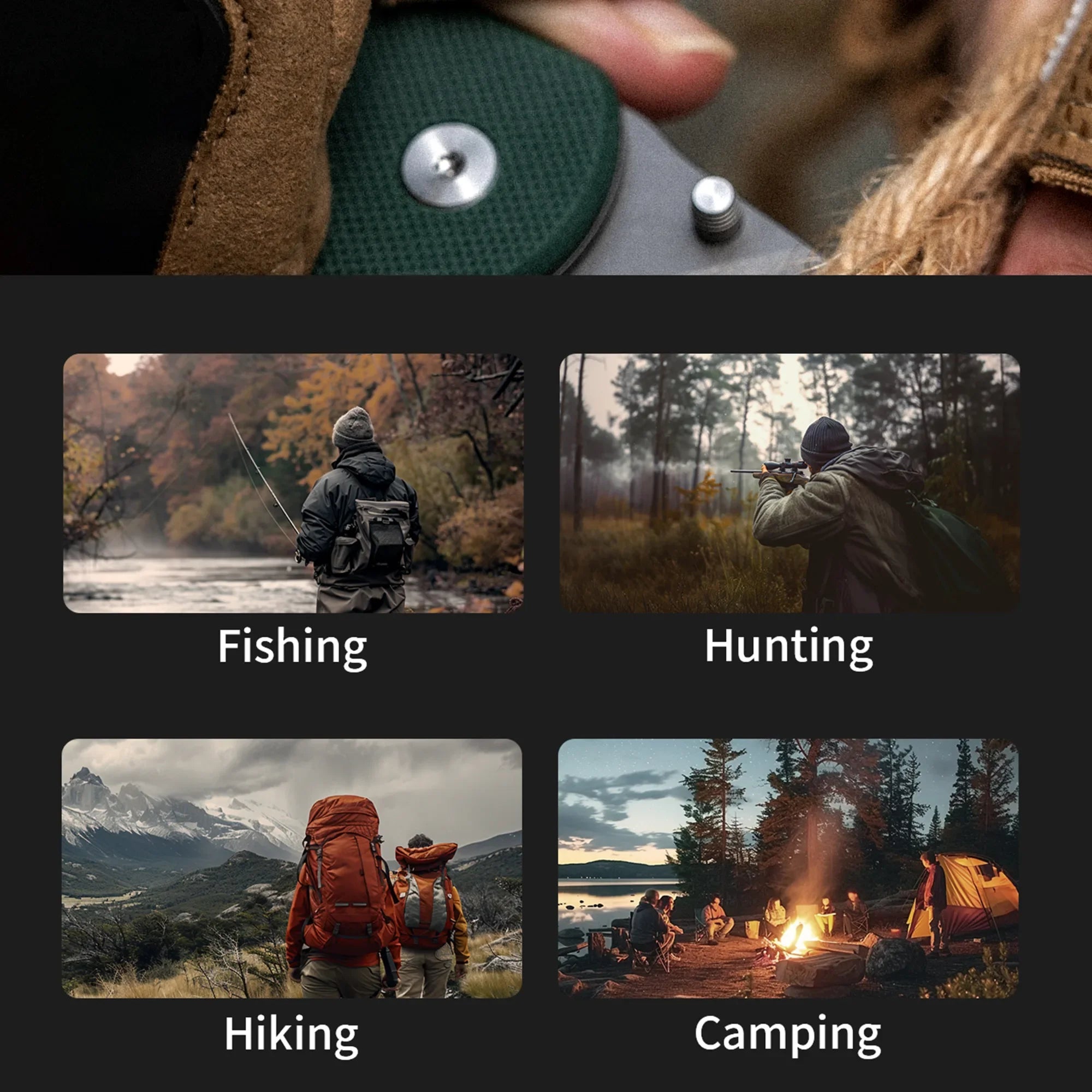 Outdoor activities collage featuring fishing, hunting, hiking, and camping scenes