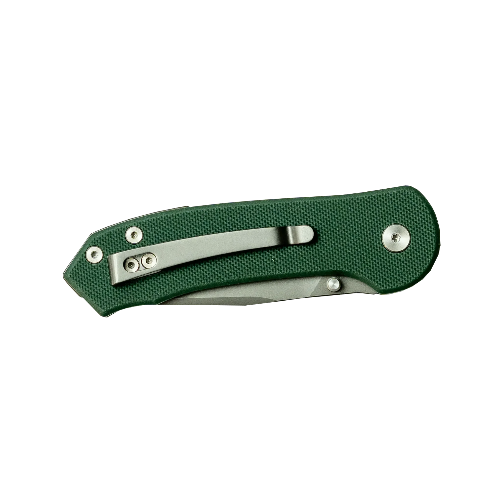 Green folding pocket knife with textured handle and silver pocket clip on black background