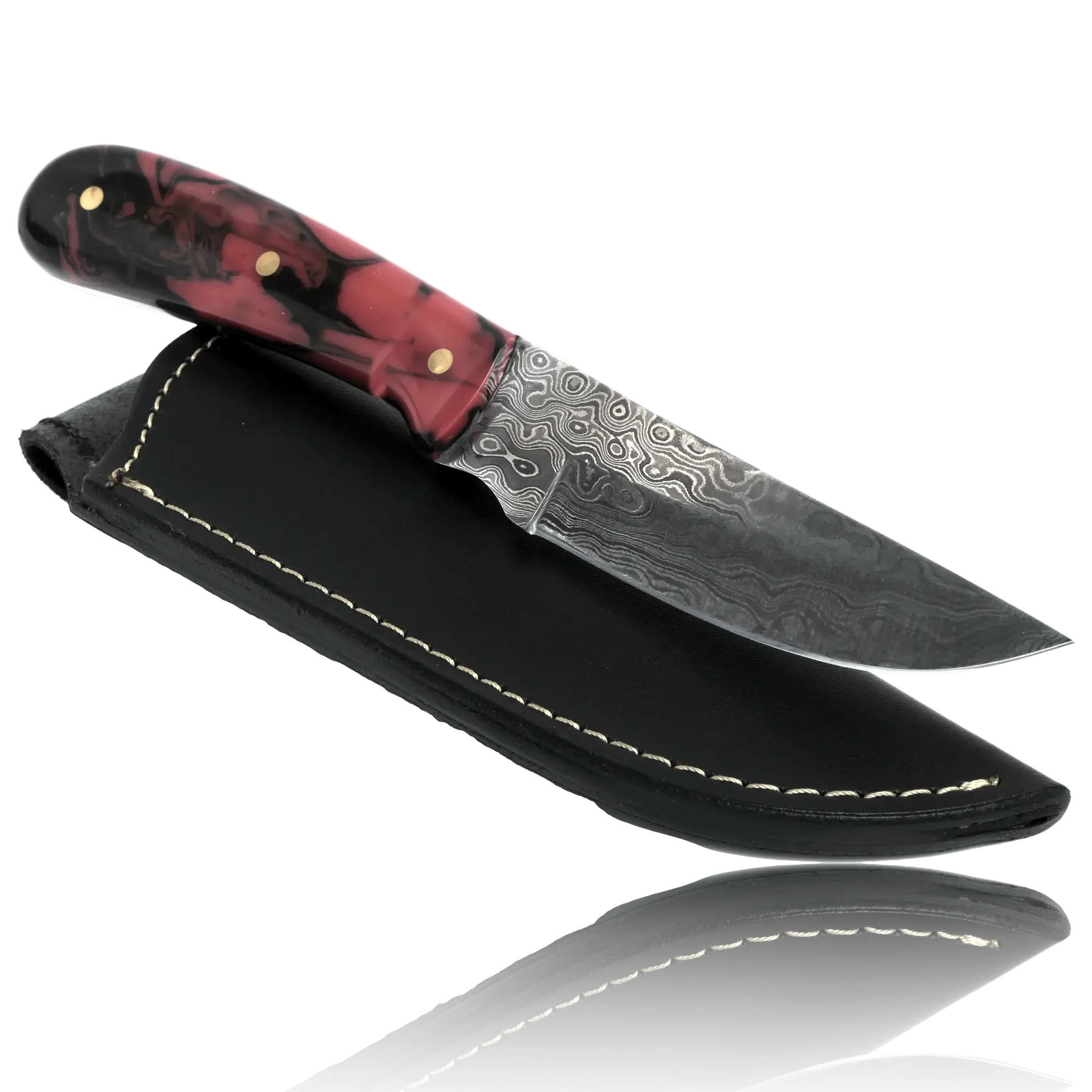 Damascus hunting knife with red and black resin handle on black leather sheath