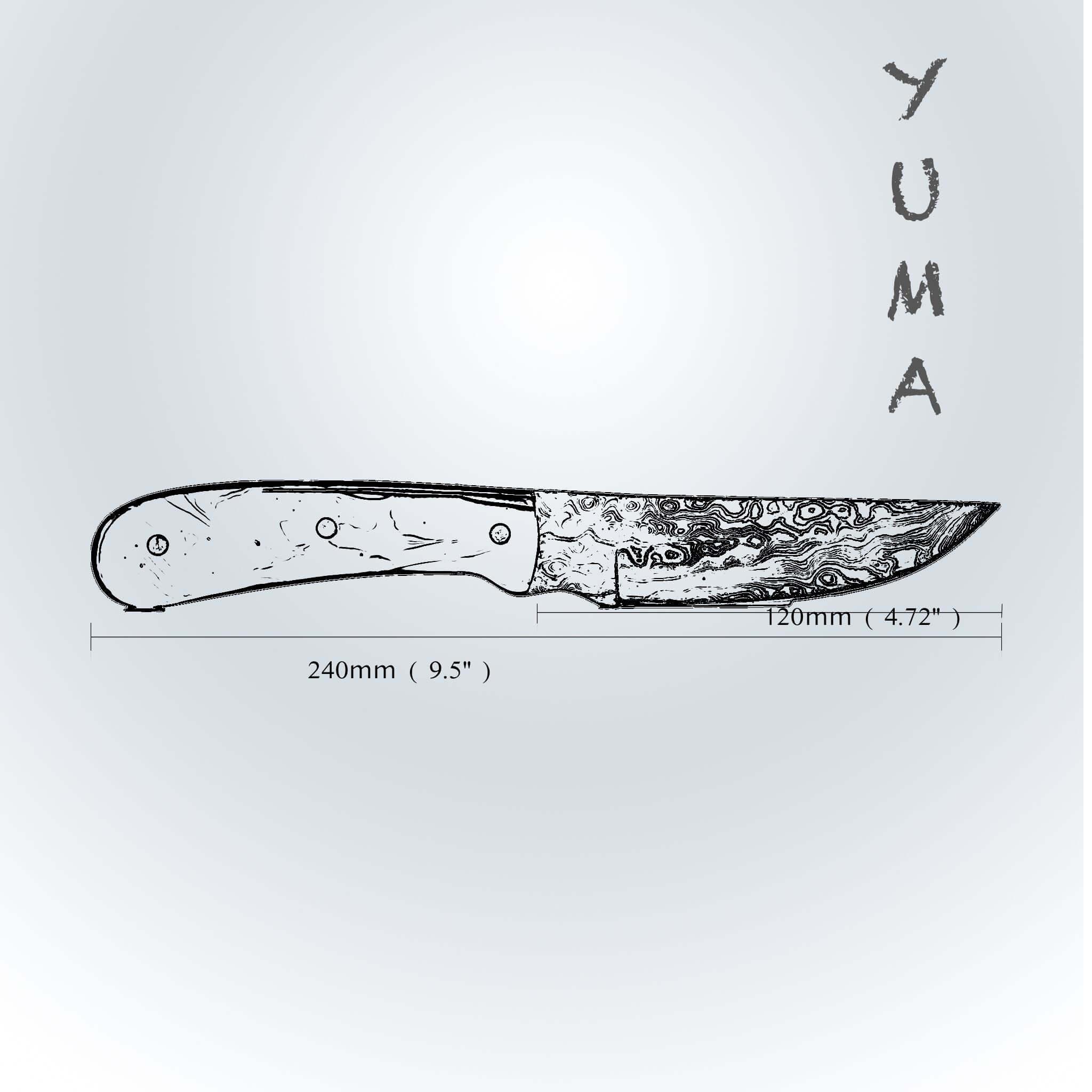 Yuma knife sketch with detailed blade, wooden handle, and length measurements