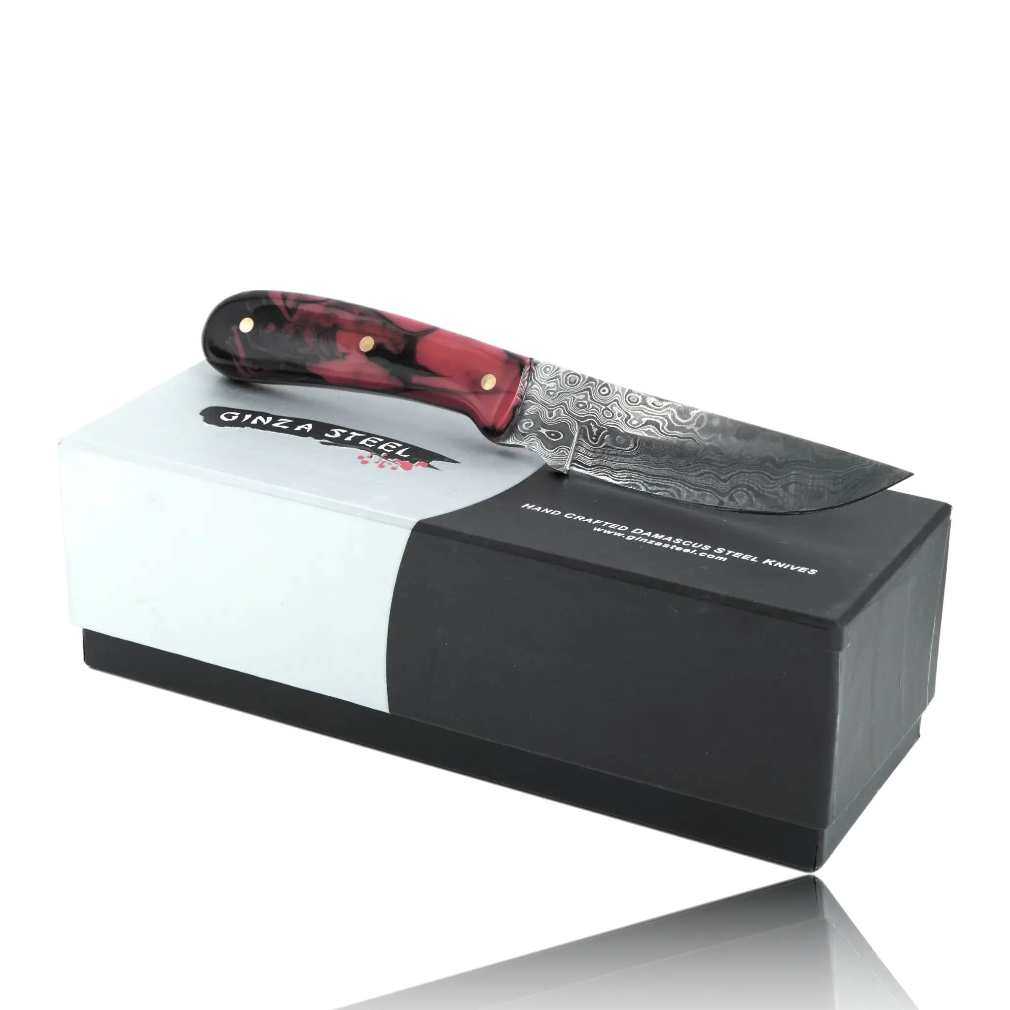 Damascus steel knife with red and black handle on Ginza Steel box