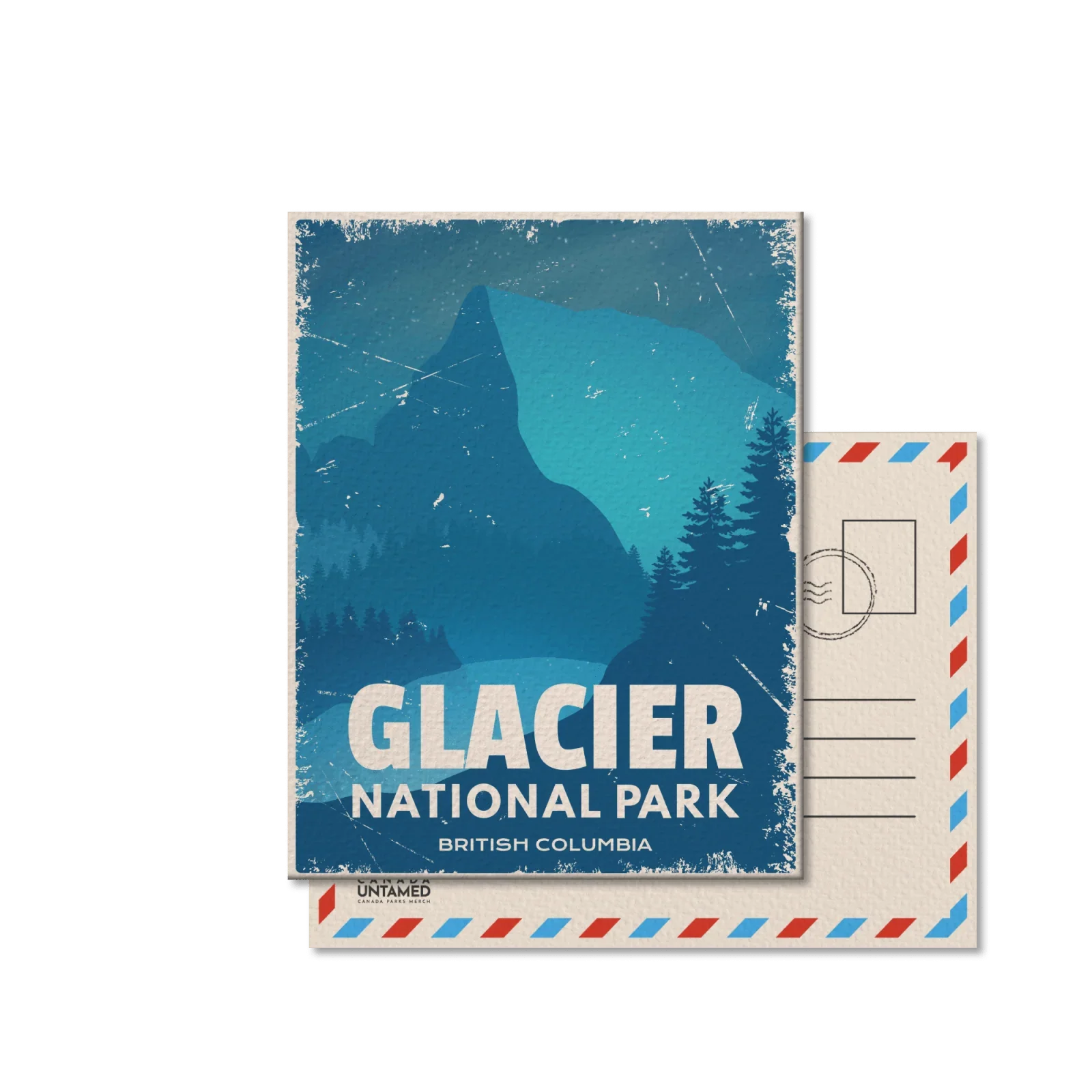 Glacier National Park British Columbia postcard with blue mountain and pine trees illustration