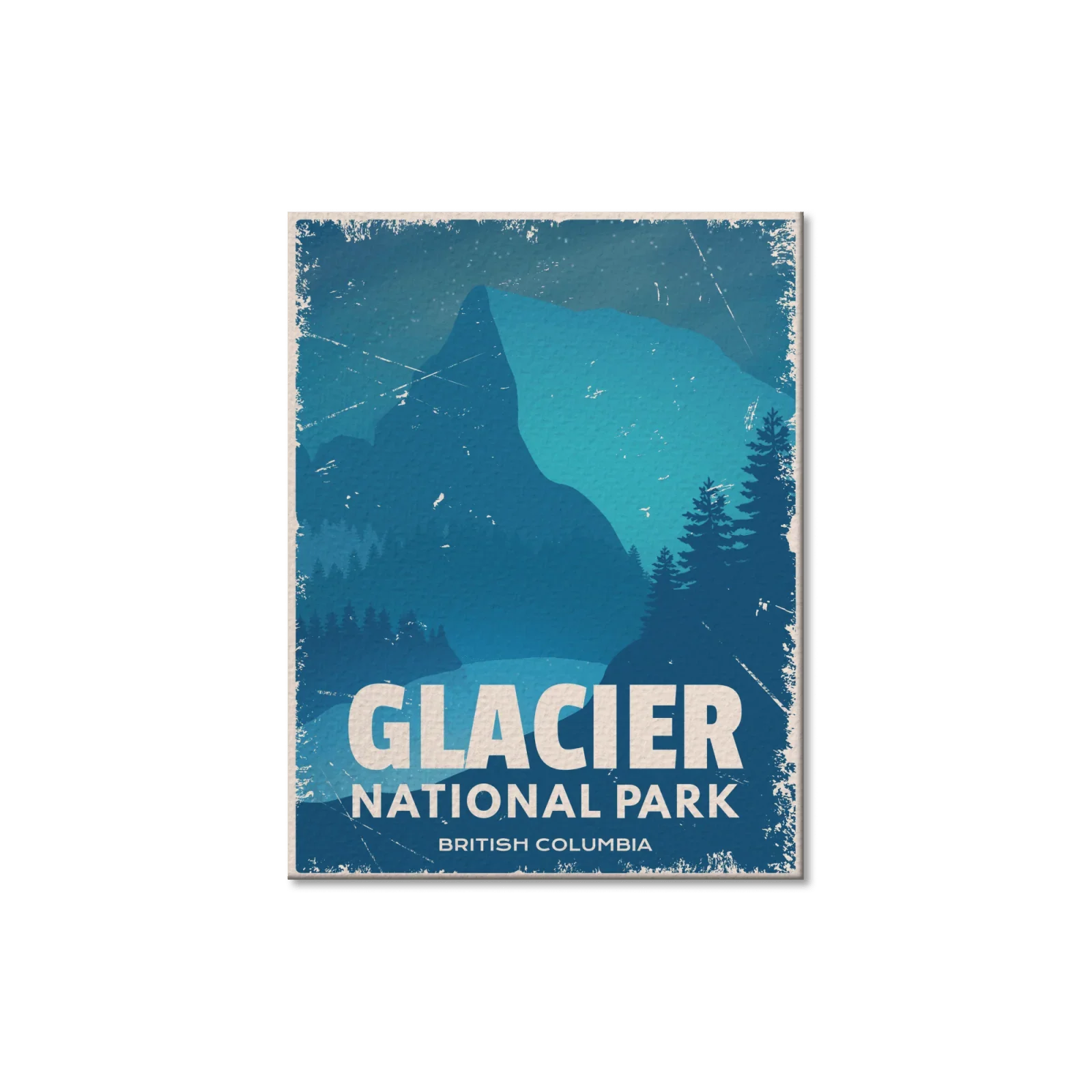 Glacier National Park British Columbia postcard with blue mountains and pine trees illustration
