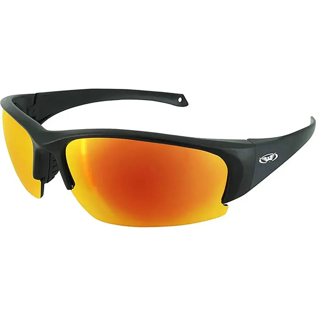 Global Vision Eyedol GT motorcycle sunglasses with black frame and orange mirrored lenses