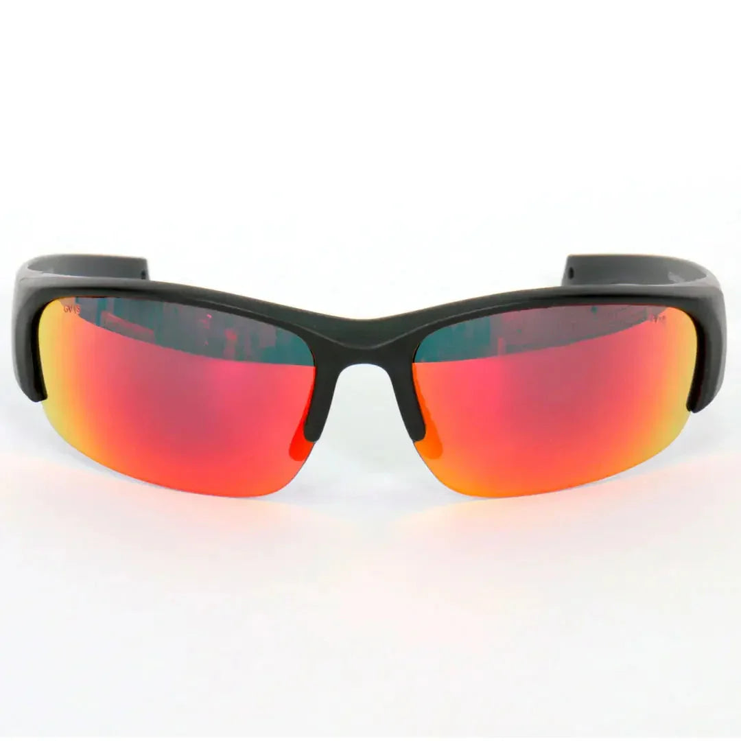 Black frame motorcycle sunglasses with red mirrored lenses on a white background