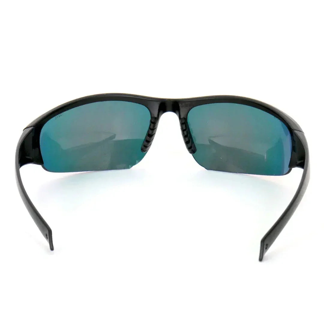 Black motorcycle sunglasses with blue mirrored lenses on white background