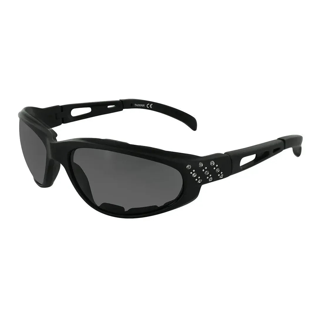 Black motorcycle sunglasses with rhinestone accents and smoke lenses on white background
