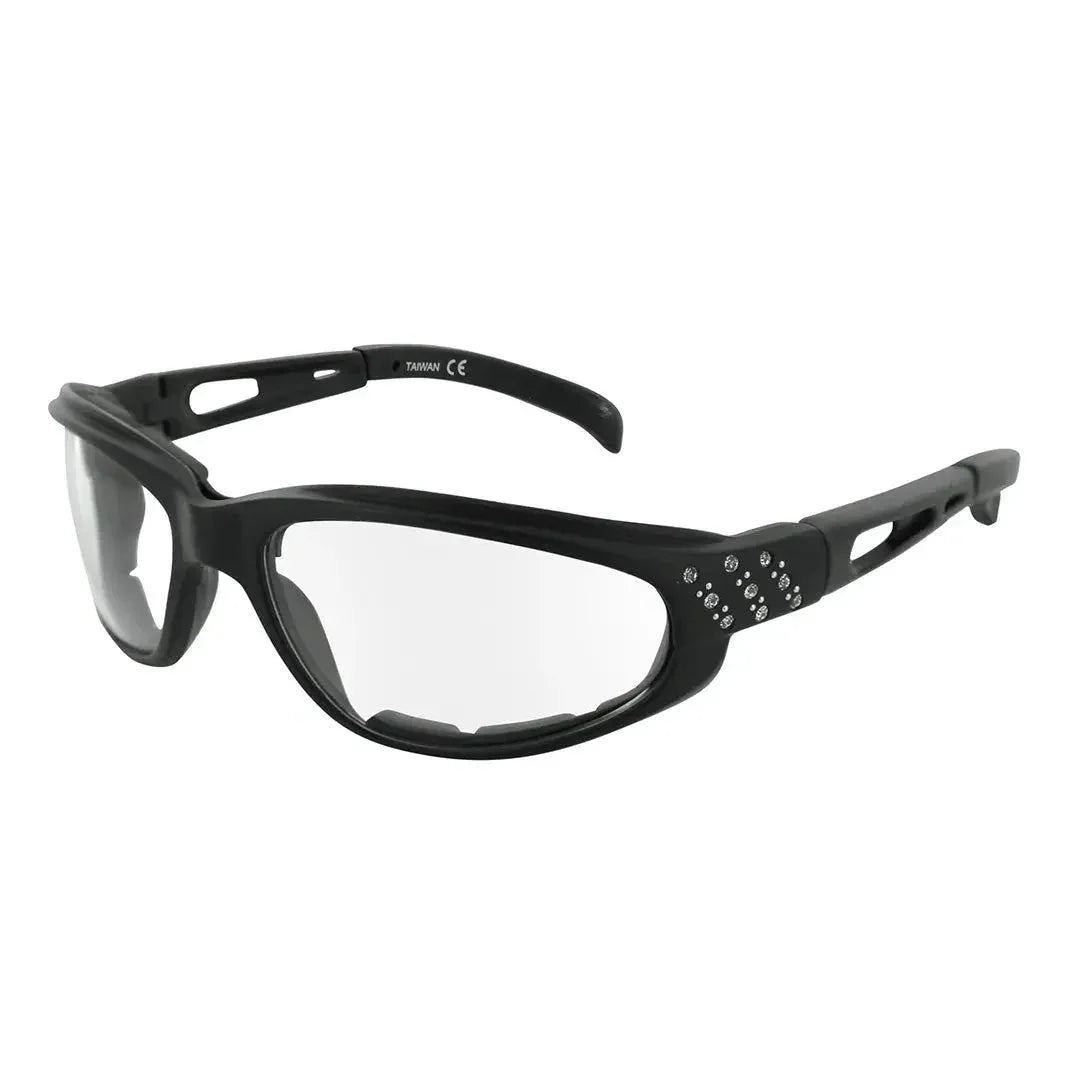 Black motorcycle sunglasses with clear lenses and rhinestone accents on the arms