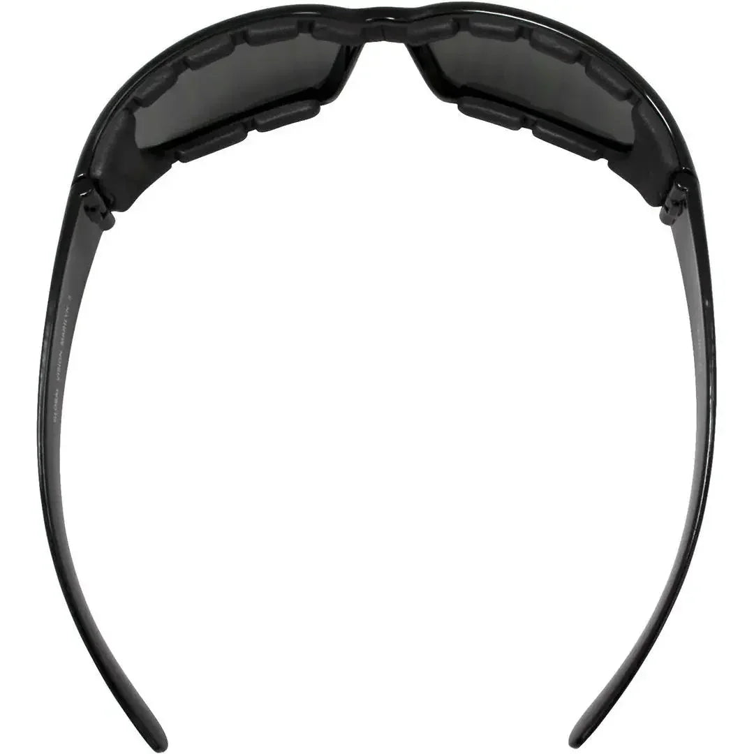 Black Global Vision Gypsy PL motorcycle sunglasses with foam padding, close-up view