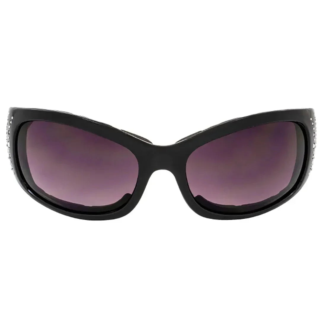 Black motorcycle sunglasses with tinted lenses and studded accents on the frame