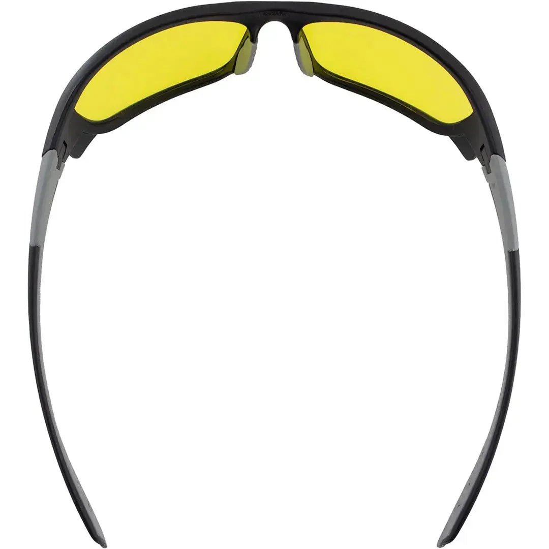 Black frame motorcycle sunglasses with yellow lenses, rear view on white background