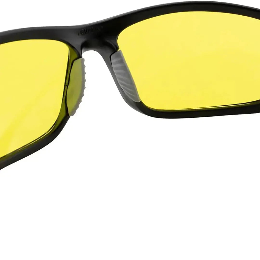 Black motorcycle sunglasses with yellow lenses, close-up on frame and lens detail