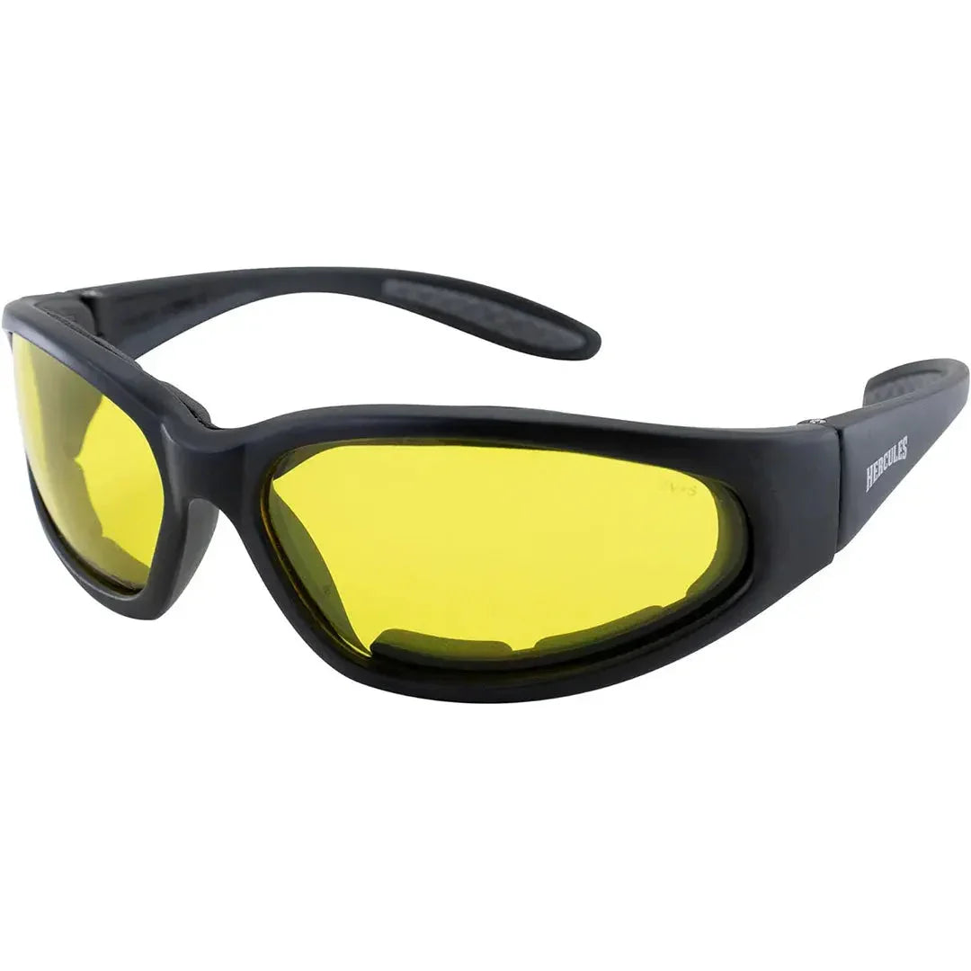Yellow lens motorcycle safety sunglasses with black frame, Hercules branding