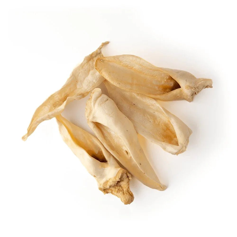 Dried goat ears dog treats on a white background