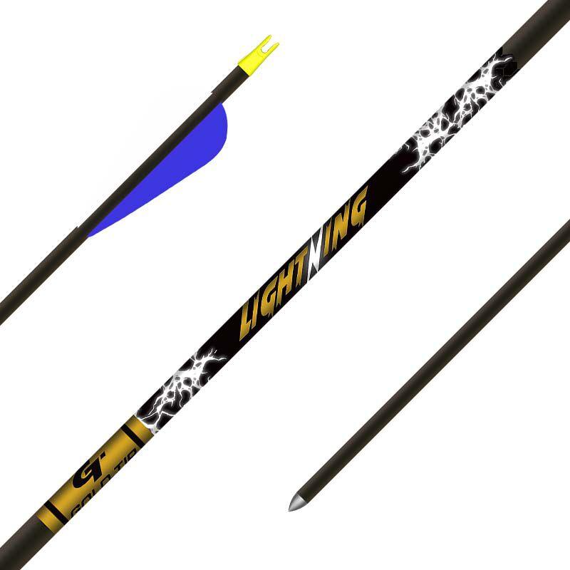 Gold Tip Lightning arrow with blue fletching and bold lightning graphic on shaft