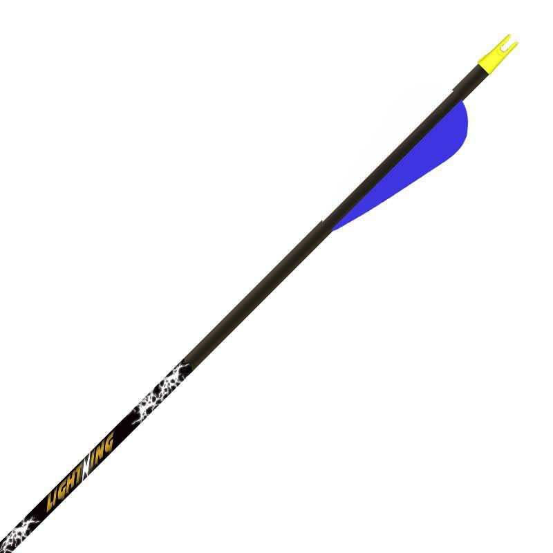 GT Lightning arrow with blue fletching, yellow nock, and graphic lettering on shaft