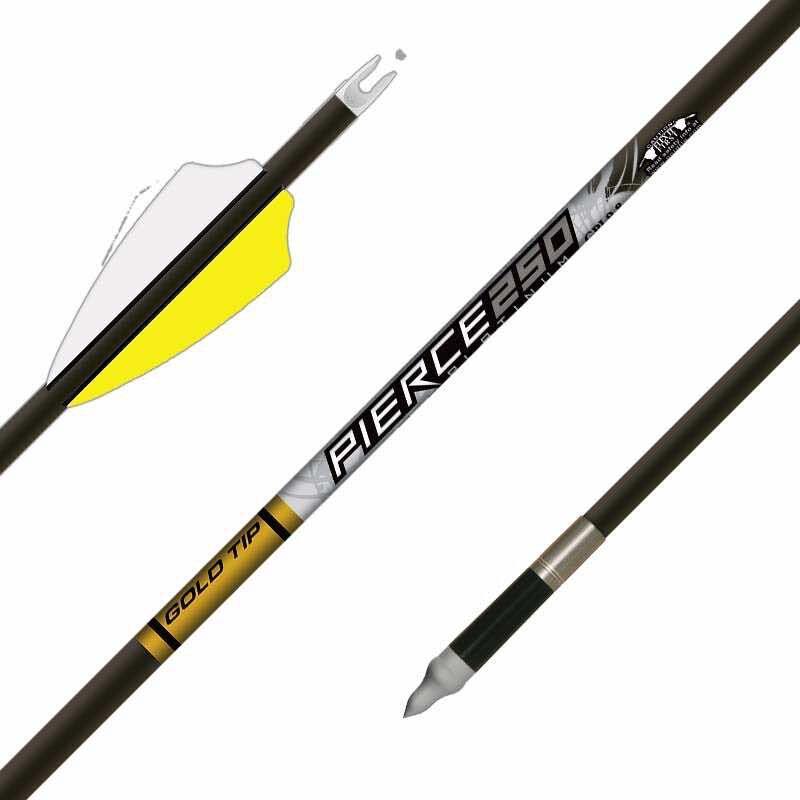 Gold Tip Pierce Platinum hunting arrow shaft with yellow and white vanes and pointed tip