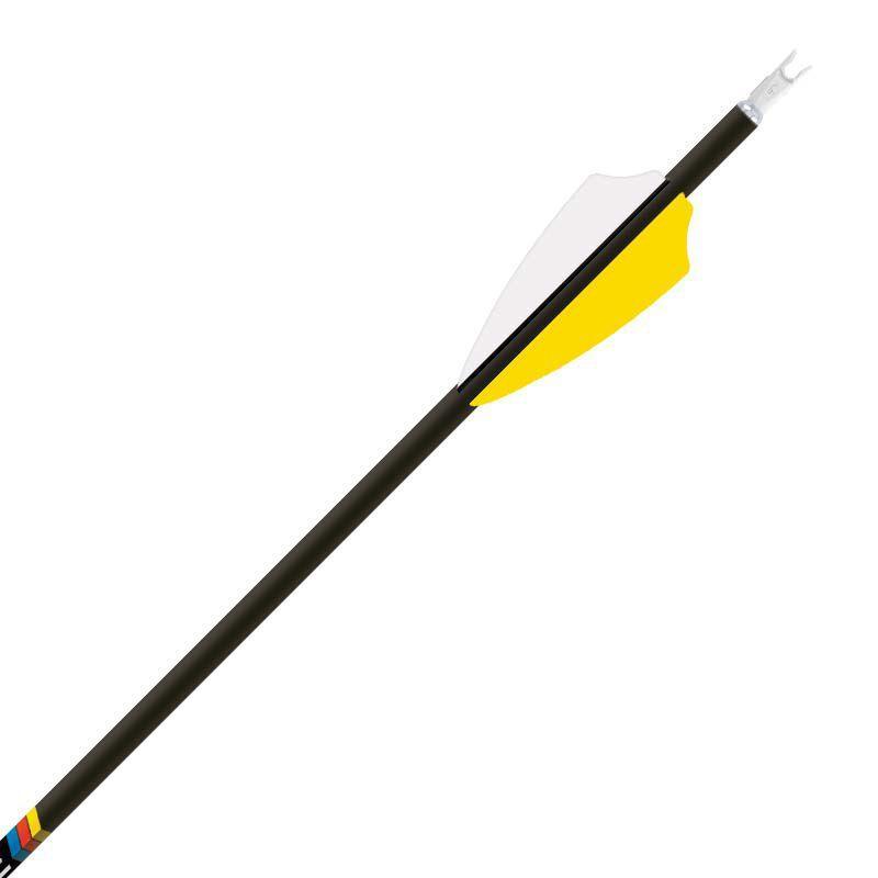Gold Tip Pierce Platinum hunting arrow shaft with yellow and white vanes on white background