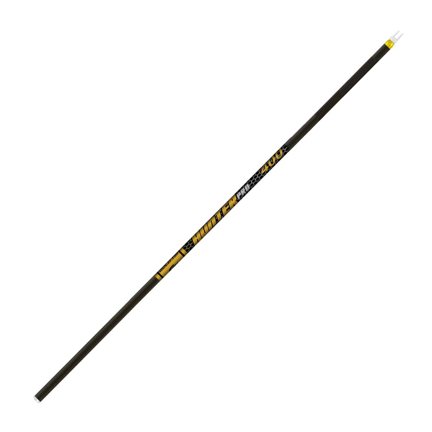 Gold Tip Hunter Pro 400 carbon arrow shaft with black and yellow graphics on white background